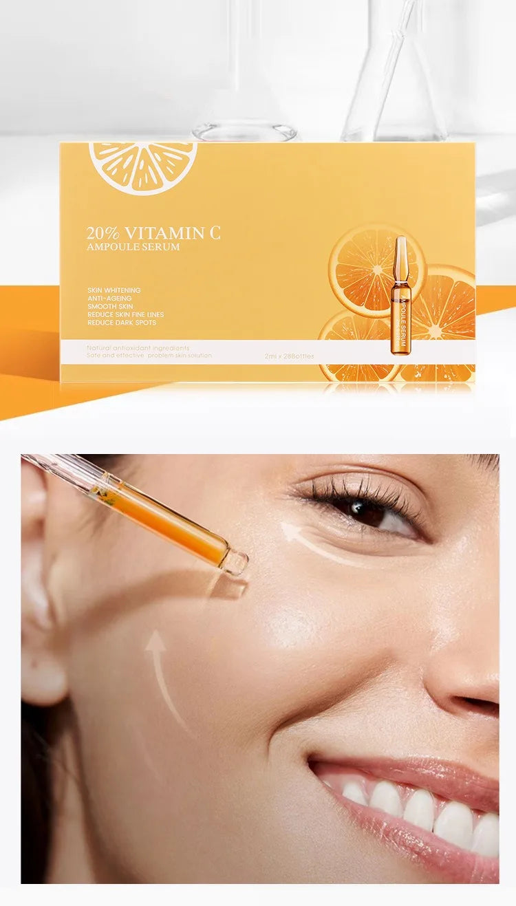 Cosmetic packaging with a dropper and close-up of a smiling person's face.