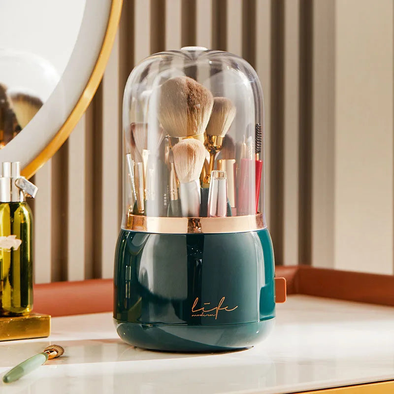 Makeup brush holder storage device with 360 degree rotation, dustproof makeup brush container, transparent acrylic cover, rotati Peaceful Pleasures Health and Wellness blackish green