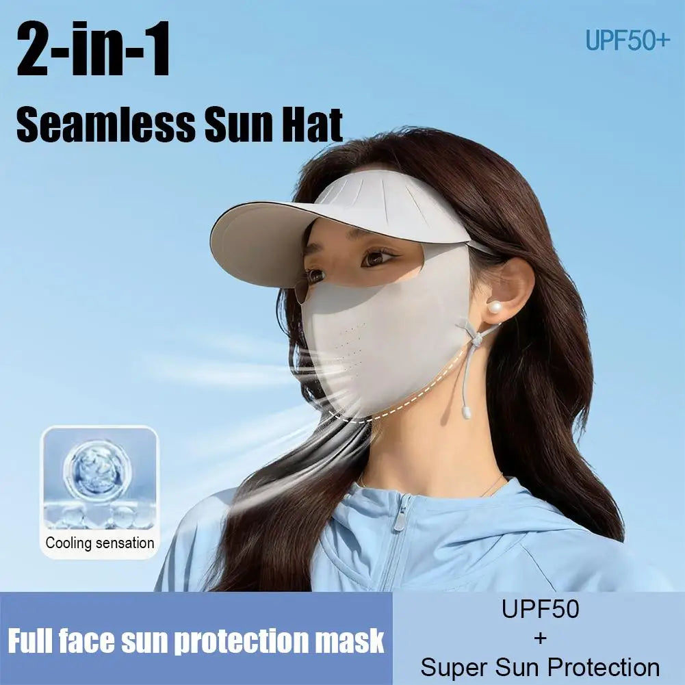 Sun Hat Face Cover Set UPF50+ UV Protection Breathable Traceless Sun Hat Large Brim Women Sun Hat Korean Style Seamless Visor Peaceful Pleasures Health and Wellness