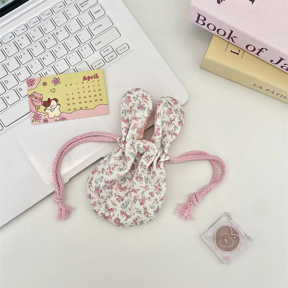 Cute Rabbit Ear Floral Drawstring Storage Bag Outdoor Portable