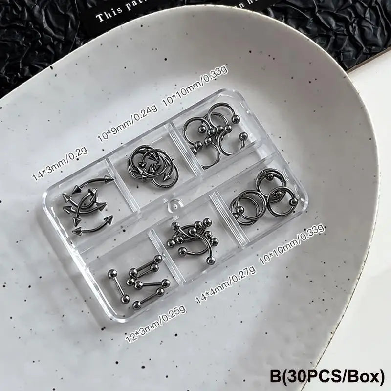 3D Punk Metal Nail Charms Retro Circle Black White 30/60pc