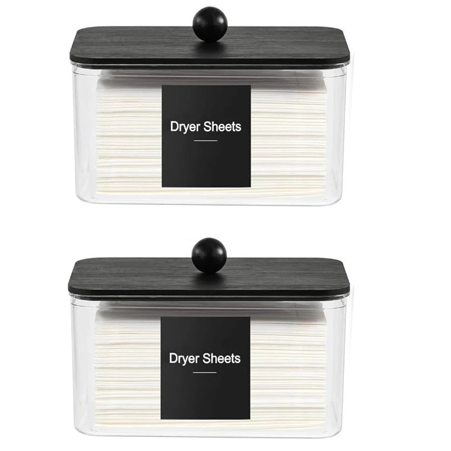Clear Acrylic Dryer Sheet Holder with Lid & Labels – Fabric Softener Dispenser for Laundry Room Organization