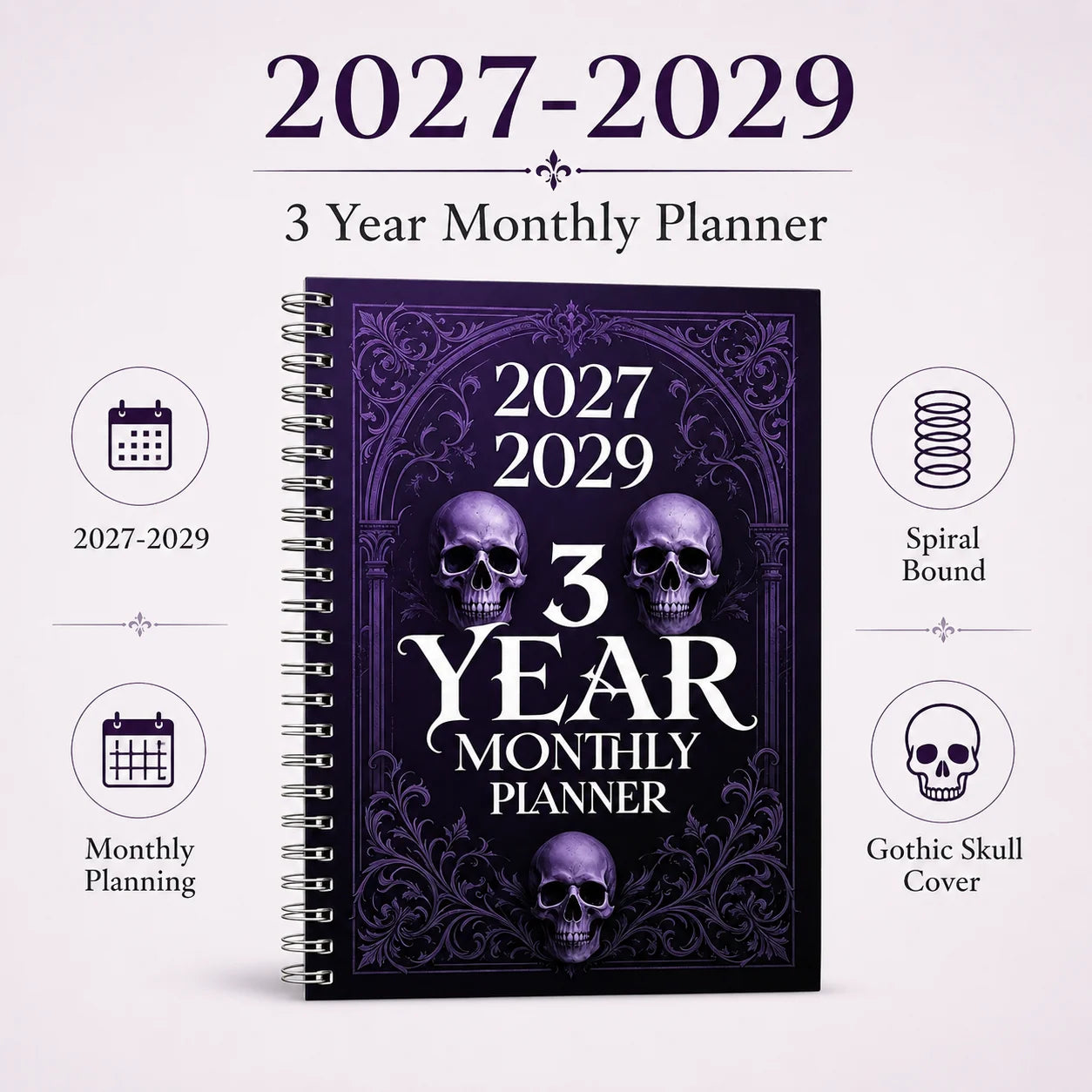 2027 2029 3 Year Monthly Planner Gothic Skull Spiral Journal