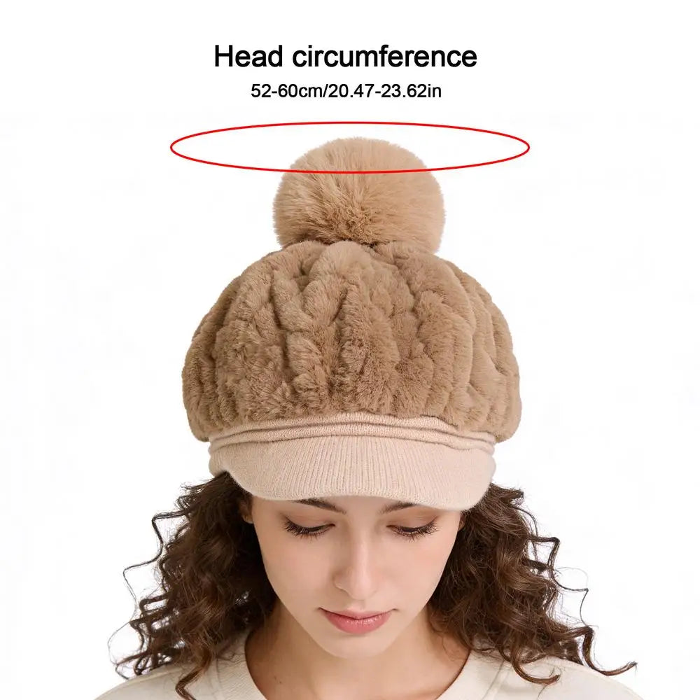 Women's Pom-Pom Fleece Beanie Hat with Brim | Winter Warm