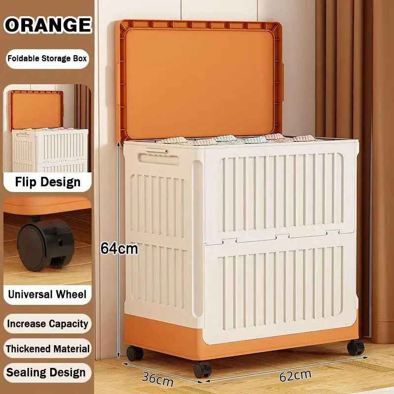 Foldable Plastic Storage Box with Wheels – Large Organizer Rolling Storage Box Peaceful Pleasures Health and Wellness Orange 1 Door
