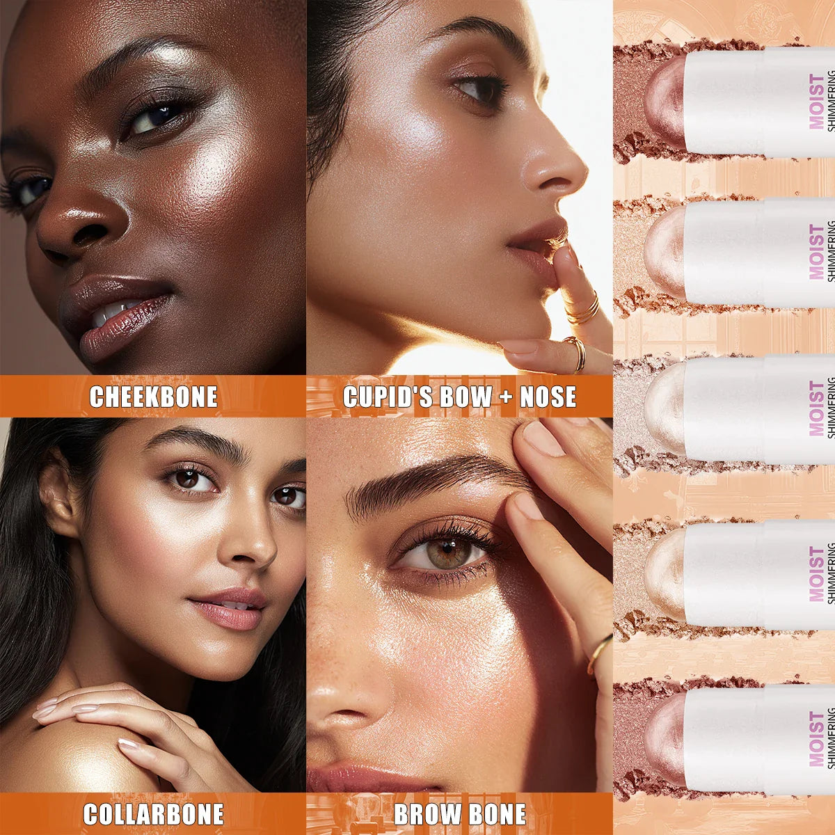Hello Kiss 5-Color Shimmer Highlighter & Bronzer Stick | Waterproof