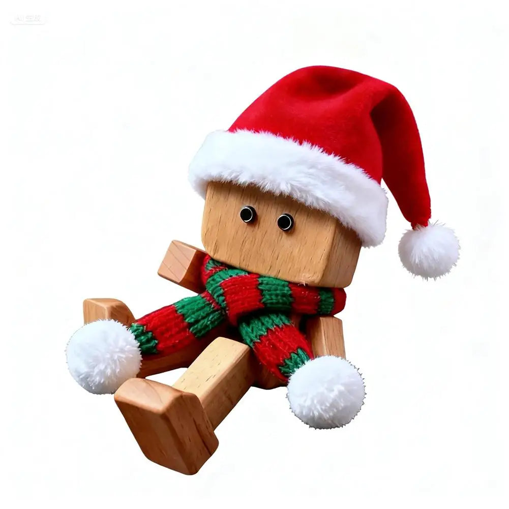 Christmas Hat Leg-swinging Robot Figurine Cute Wood Man Shaking Wooden Man Figurine With Function Of Changing Peaceful Pleasures Health and Wellness B