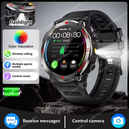 Smartwatch Military Men 360*360 HD Screen Flashlight Health Monitoring Waterproof Heart Rate BT Call Smart Watch For Android IOS Peaceful Pleasures Health and Wellness Black