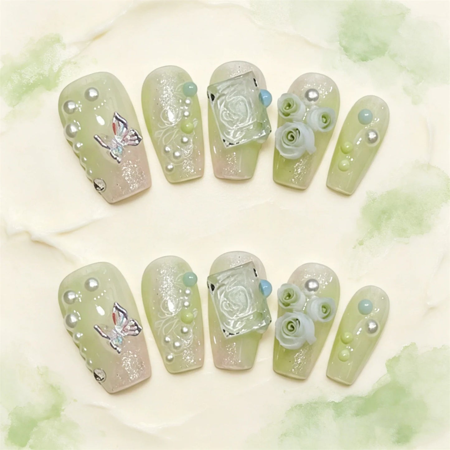 3D Rose Aurora Butterfly Press On Nails – 10pc Clear Green Set