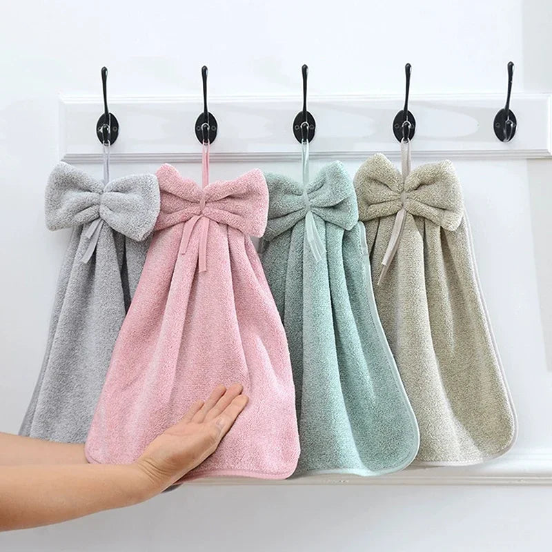 Bowknot Hanging Hand Towels – Soft Coral Fleece, Quick Dry