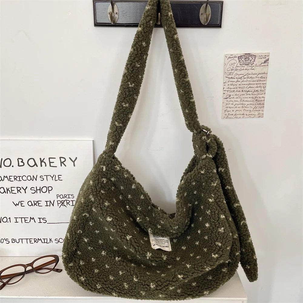 Autumn Winter Plush Heart Crossbody Bag Large Capacity Canvas Shoulder Bag Shopping Tote for Daily Use Versatile Commuting Bag Peaceful Pleasures Health and Wellness green