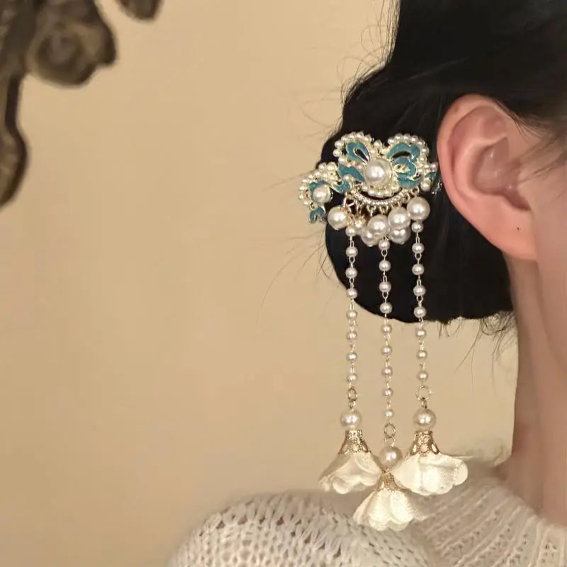 Vintage Pearl Tassel Hair Clip – Enamel Flower Hanfu Hair Pin