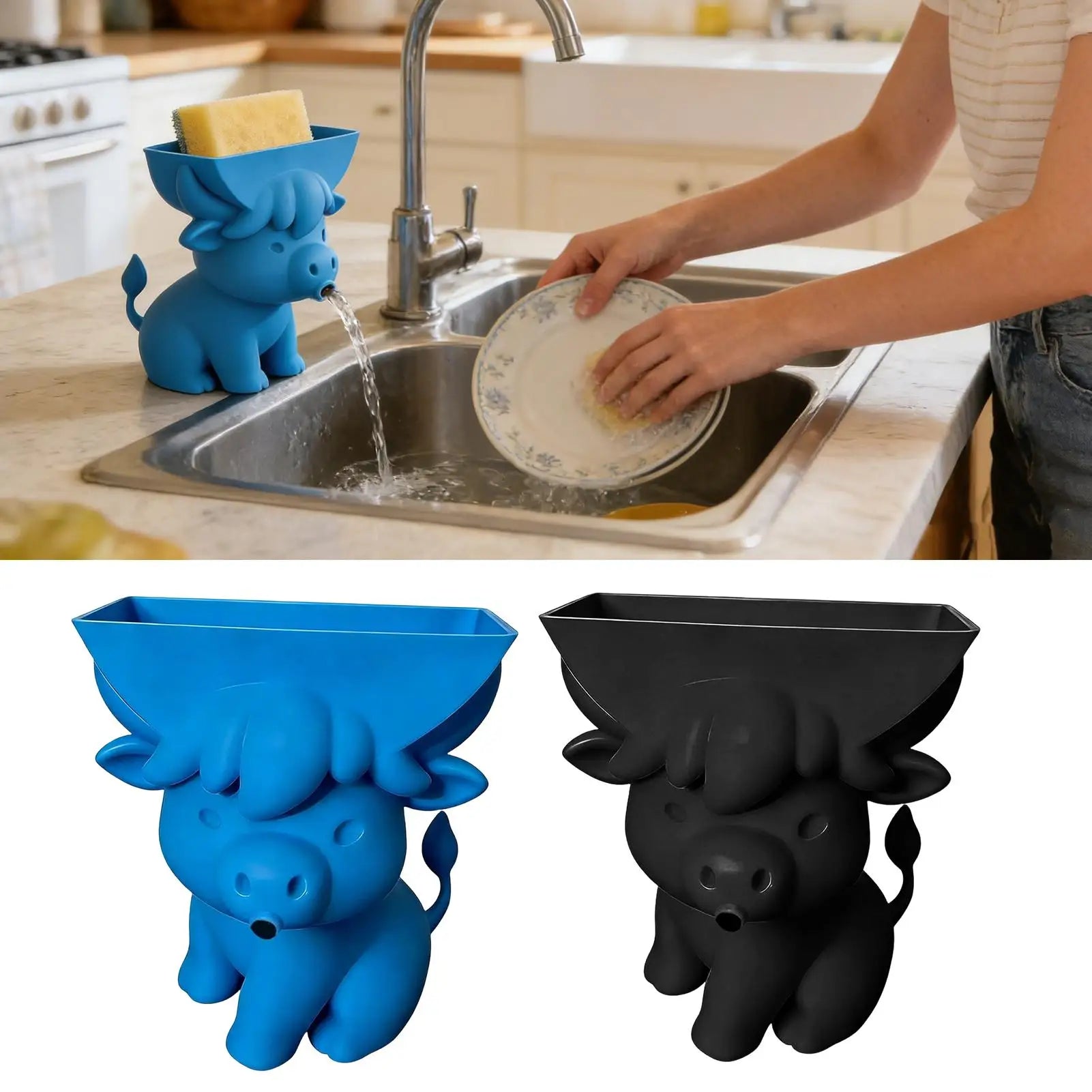Sponge Holder With Drainage Cow Cute Decor Sponge Holder For Kitchen Sink For Home Apartment Dorm Farmhouse RV Bathroom Shower Peaceful Pleasures Health and Wellness