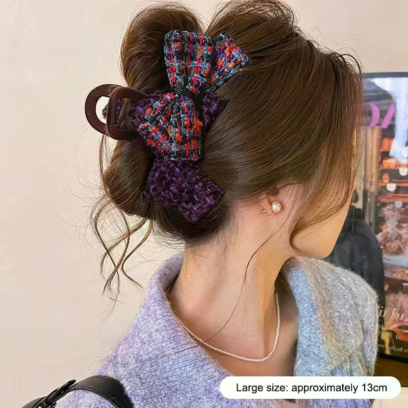 Retro Double Bow Color-Block Large Shark Hair Clip for Women