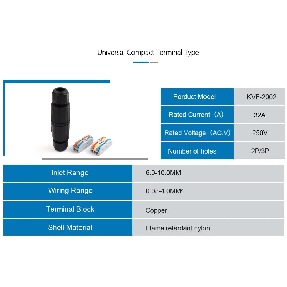 IP68 Waterproof Cable Connector – 2/3 Pin Quick Wire Terminal