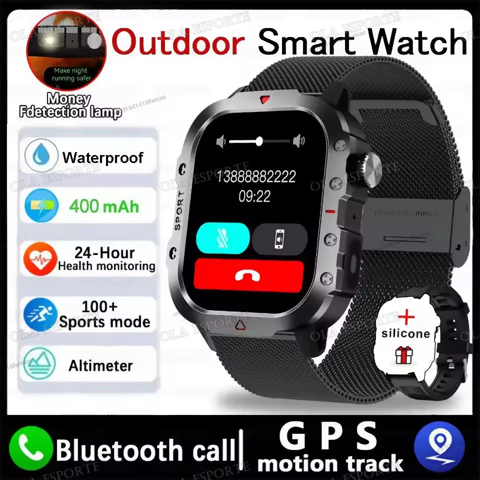 2026 New Military Outdoor Smart Watch Men's GPS Flashlight Bluetooth Call 2.01" AMOLED Screen 10ATM Waterproof Sports Smartwatch Peaceful Pleasures Health and Wellness NEW-Bk22Milan