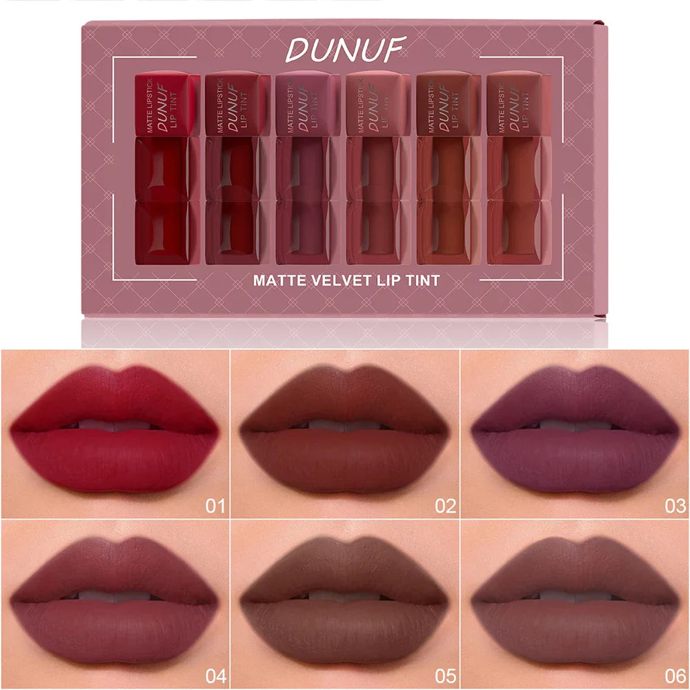DUNUF 6-Piece Velvet Matte Lipstick Set – Waterproof & Long-Lasting
