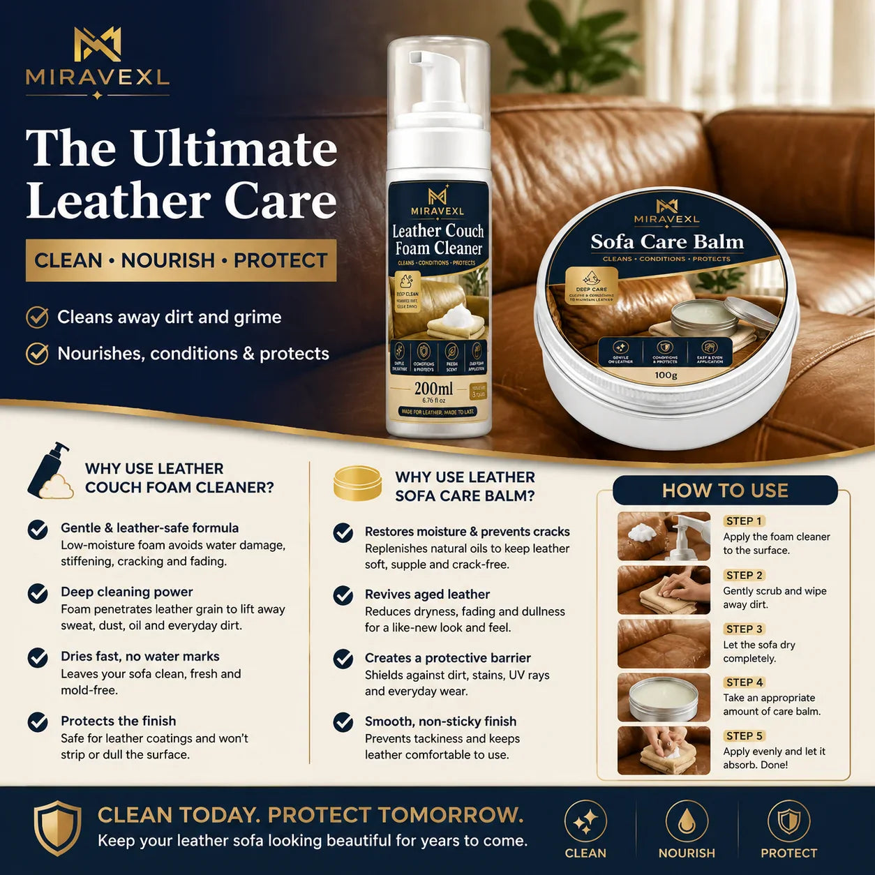 MIRAVEXL Leather Cleaner & Conditioner Kit – Foam + Care Balm