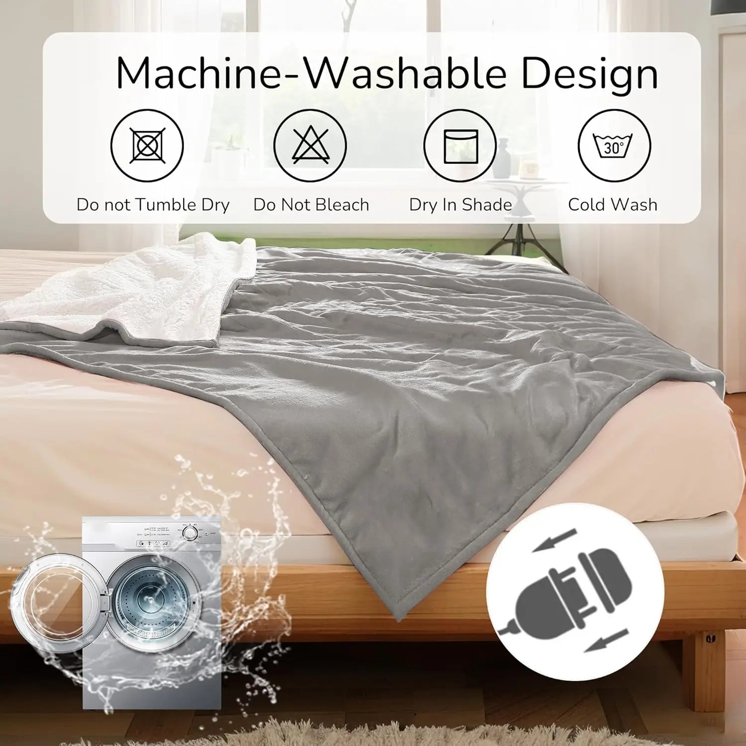 Gray blanket on a bed with washing machine icon and text about machine-washable design.