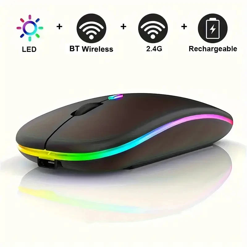LED Bluetooth-compatible Wireless Mouse 2.4GHz Slim Rechargeable Silent Mice RGB Ergonomic Gaming mouse for Computer Laptop PC Peaceful Pleasures Health and Wellness Black