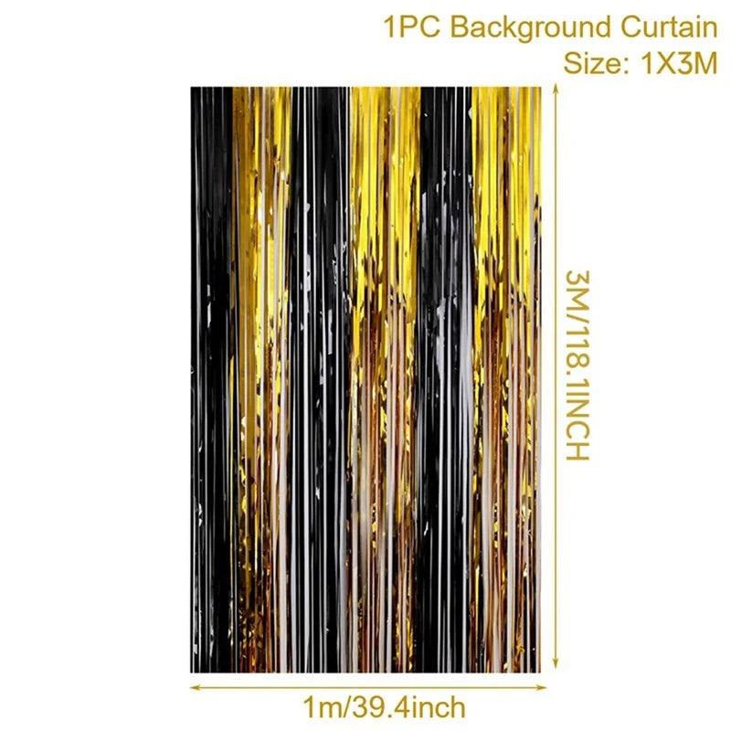 Black Gold Tinsel Fringe Curtain Party Backdrop | 1m×2m