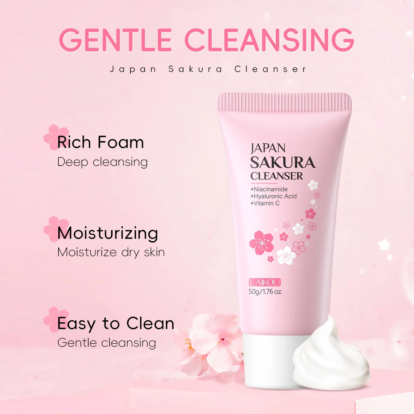 Laikou Sakura Facial Cleanser Deep Cleansing Pores Oil Control Moisturizing Brightening Face Wash Gentle For All Skin Types 50g Peaceful Pleasures Health and Wellness