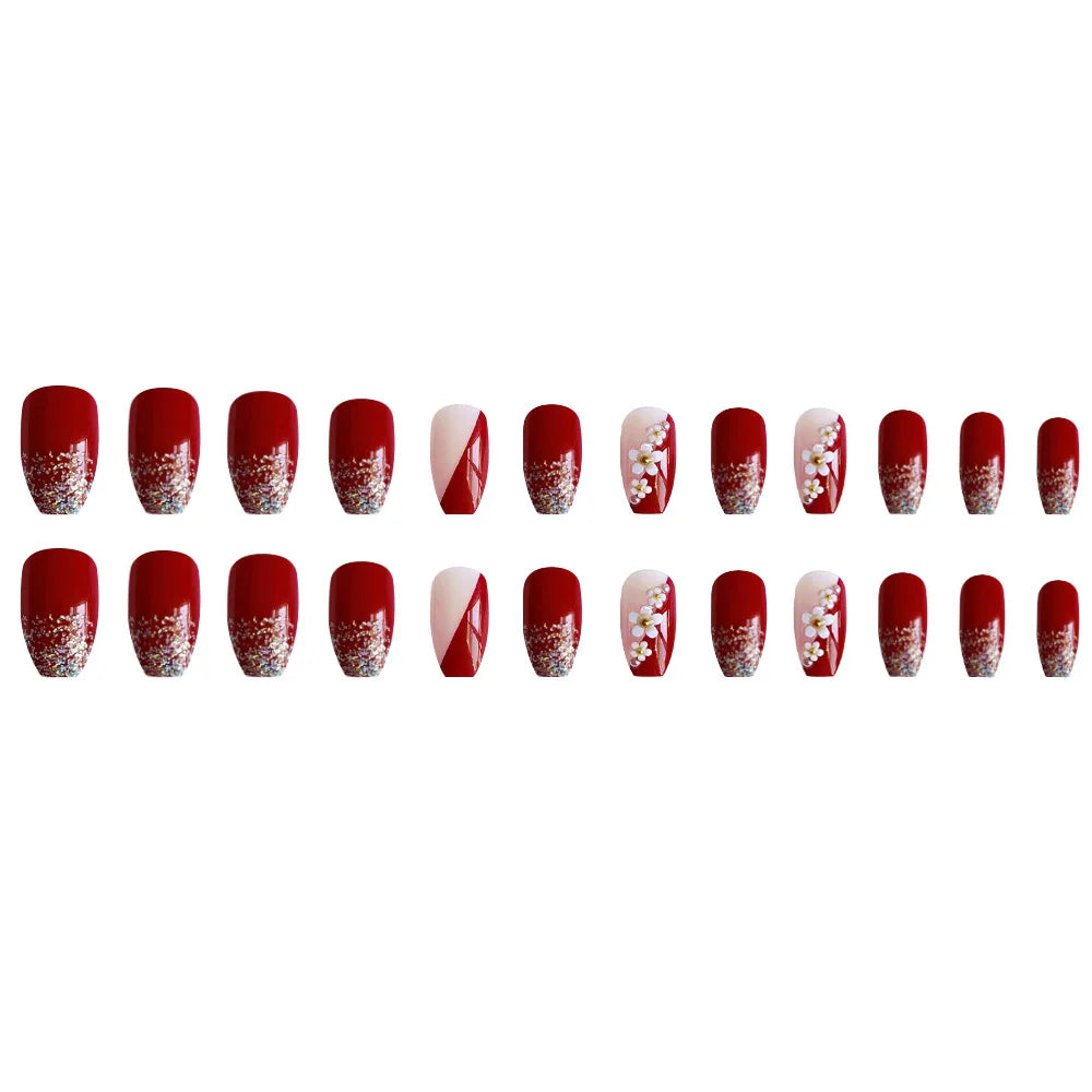 24pcs Glossy Red Press on Nails with White flowers Decor Coffin Head Fake Nails Full Cover Wearable Sweet Korean False Nails Peaceful Pleasures Health and Wellness