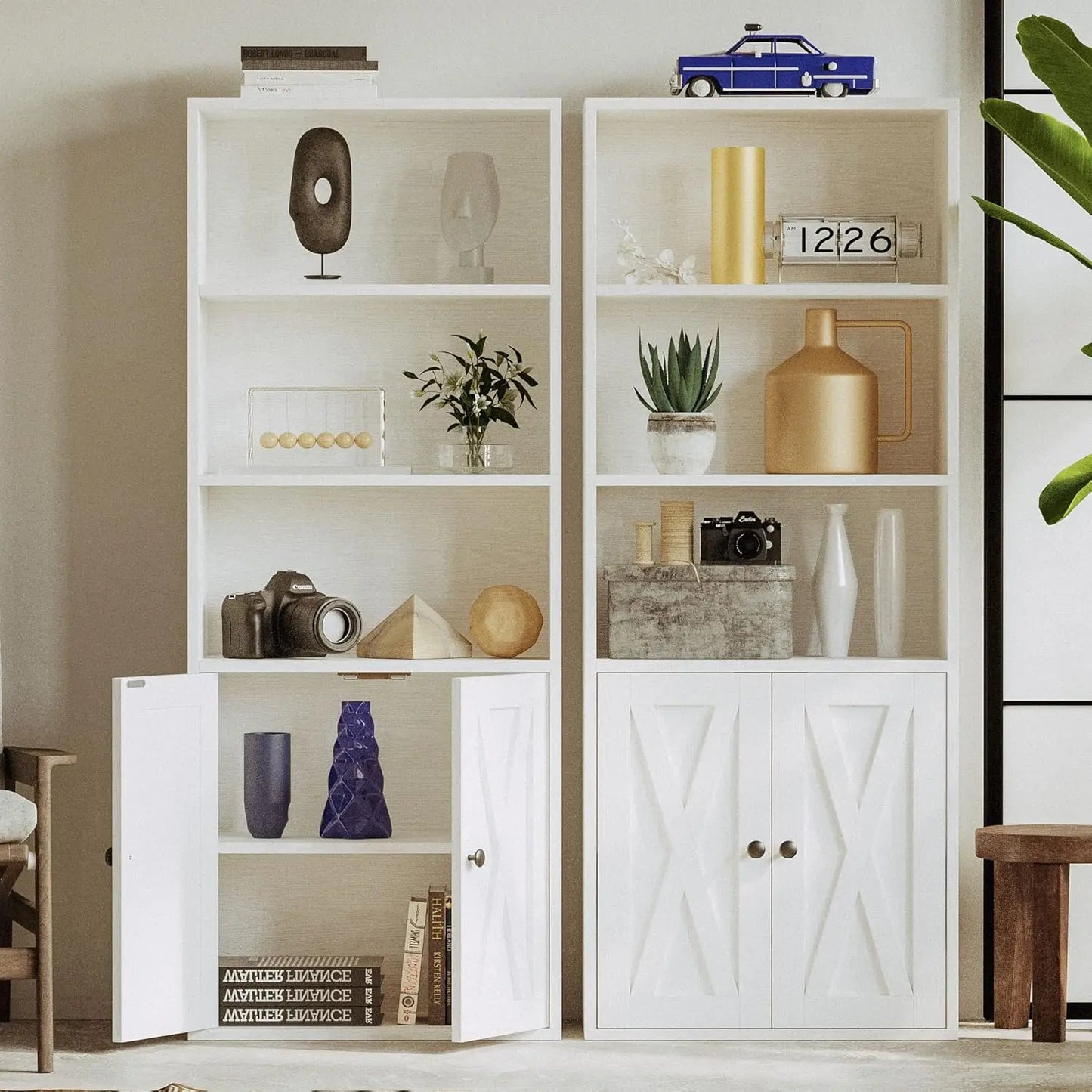 White bookshelf with decorative items against a neutral wall