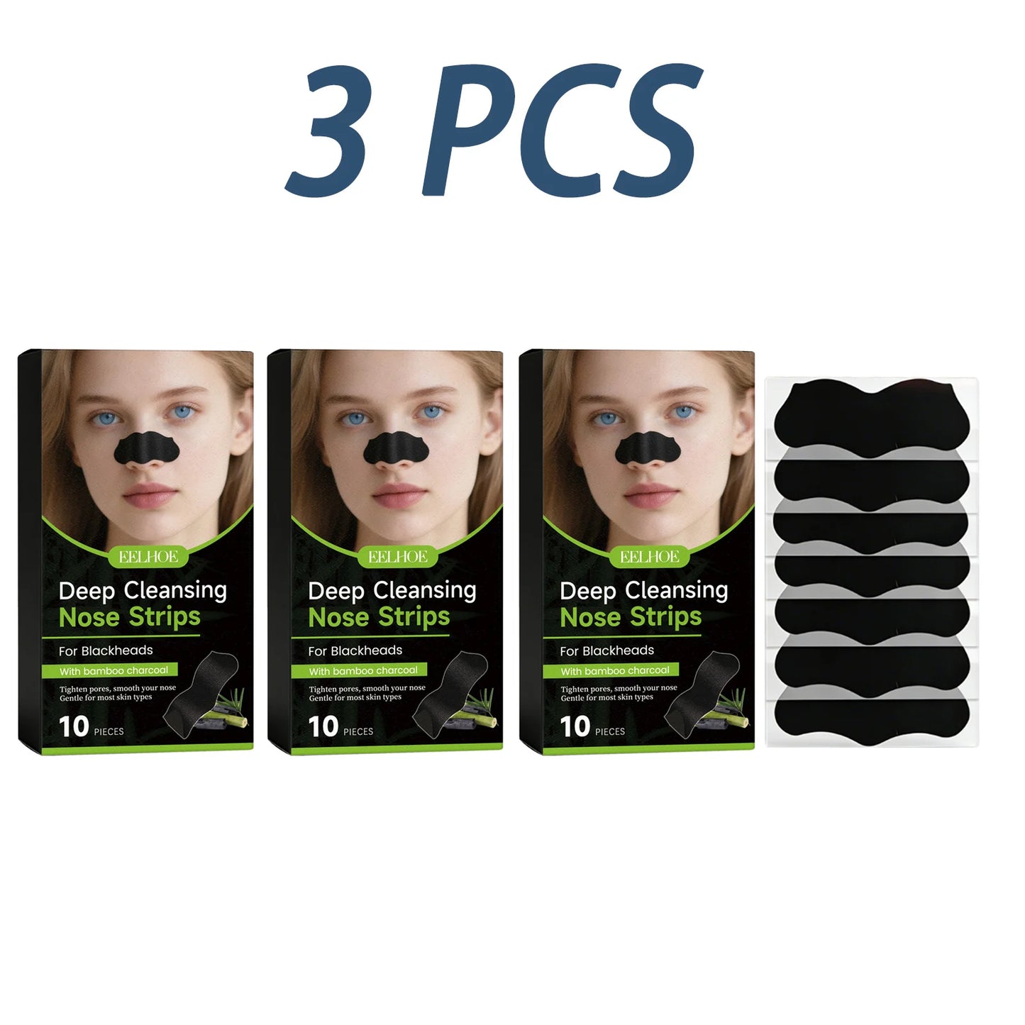 Deep Cleansing Nose Strips Removing Blackhead Unclogs Pores Control Oil Smooths Nose Skin Refreshing Bamboo Charcoal Pore Strips Peaceful Pleasures Health and Wellness 3 x 10pcs Boxed