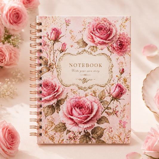 Retro Pink Rose Stamping Coil Notebook Girl Heart Art Handbook Peaceful Pleasures Health and Wellness 1Pcs A5