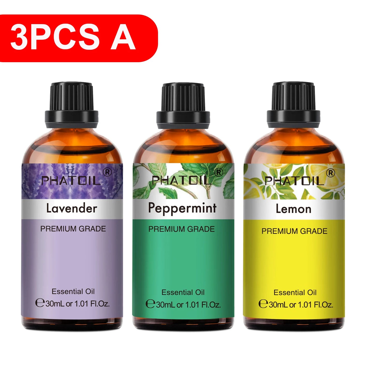 PHATOIL 30ml Lavender Lemon Eucalyptus Sandalwood Bergamot Aromatherapy Essential Oil For Diffuser,Candle Making,DIY Soap & Bomb Peaceful Pleasures Health and Wellness 3PCS A 30ml