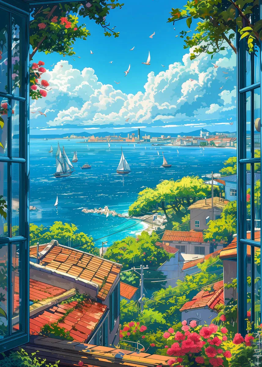 Seaside Town Landscape Canvas Wall Art | Coastal Poster Print