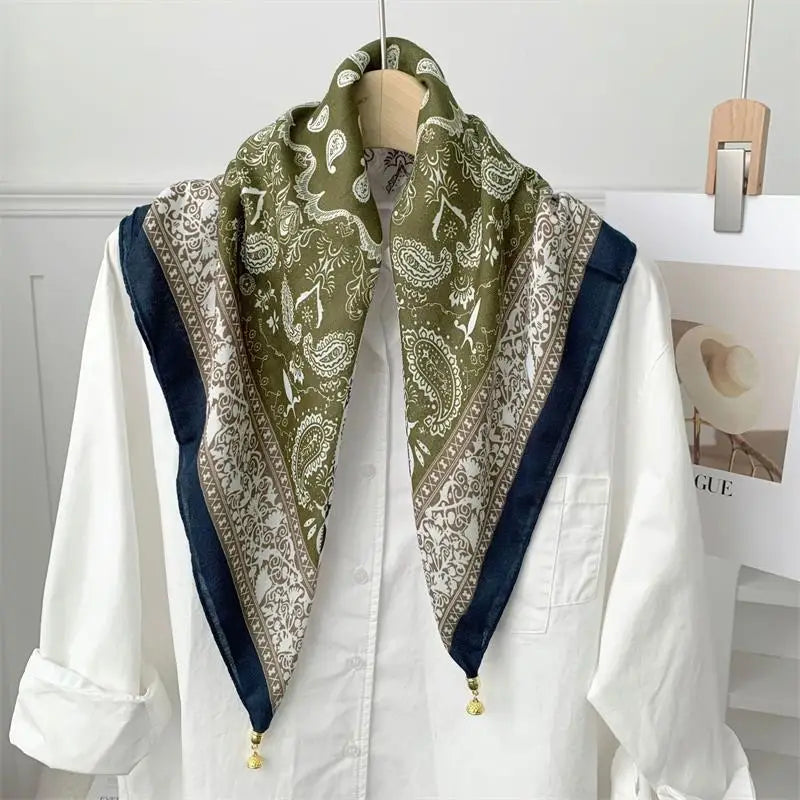70x70 Retro Print Square Silk Scarf with Magnetic Buckle