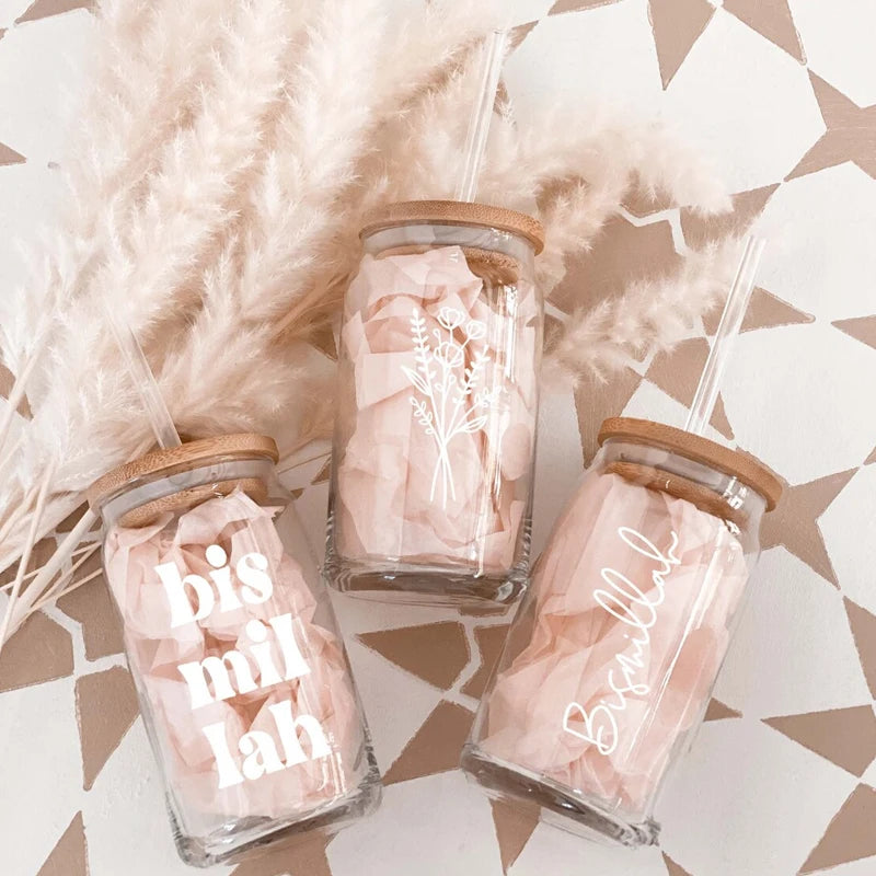 Bismillah Glass Can Cup with Lid & Straw | Eid Ramadan Gift Glass Can Cup Peaceful Pleasures Health and Wellness