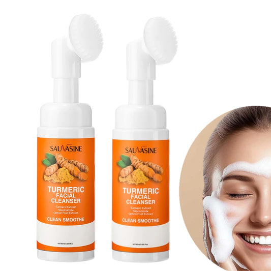 Turmeric Cleanser Moisturize Facial Brightening Skin Tone Daily Face Wash Foam with Brush Skin Care Clean Lemon Fruit Extract Peaceful Pleasures Health and Wellness