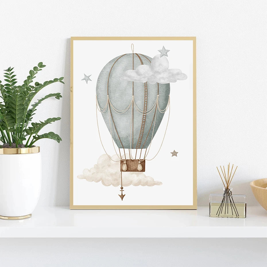 Kids Nursery Watercolor Canvas Wall Art | Monkey Lion Balloon Print