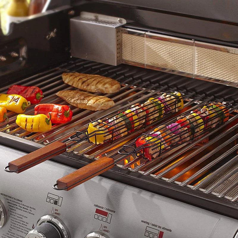 BBQ Grilling Basket – Non-Stick Steel, Rosewood Handle, Latch Closure, Portable Kebab Grill Mesh