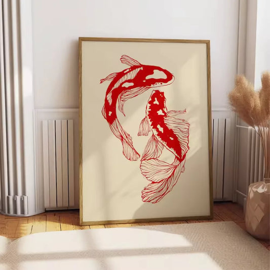 Vintage Red Koi Fish Canvas Wall Art Poster – Unframed Canvas Wall Art Peaceful Pleasures Health and Wellness