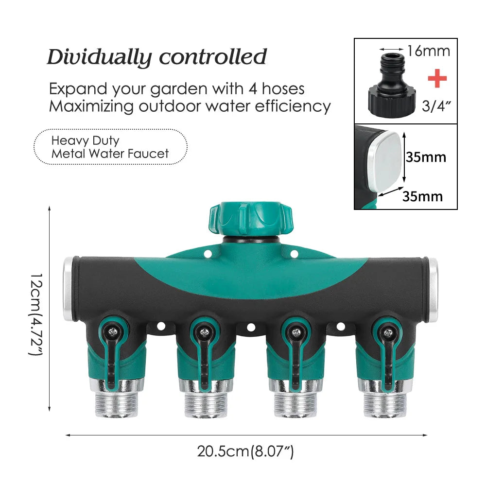Heavy Duty Metal 4 Way 3/4'' Thread Faucet Splitters with Outdoor Water Tap Connectors Shut Off Valves for Garden Hose Adapter Peaceful Pleasures Health and Wellness