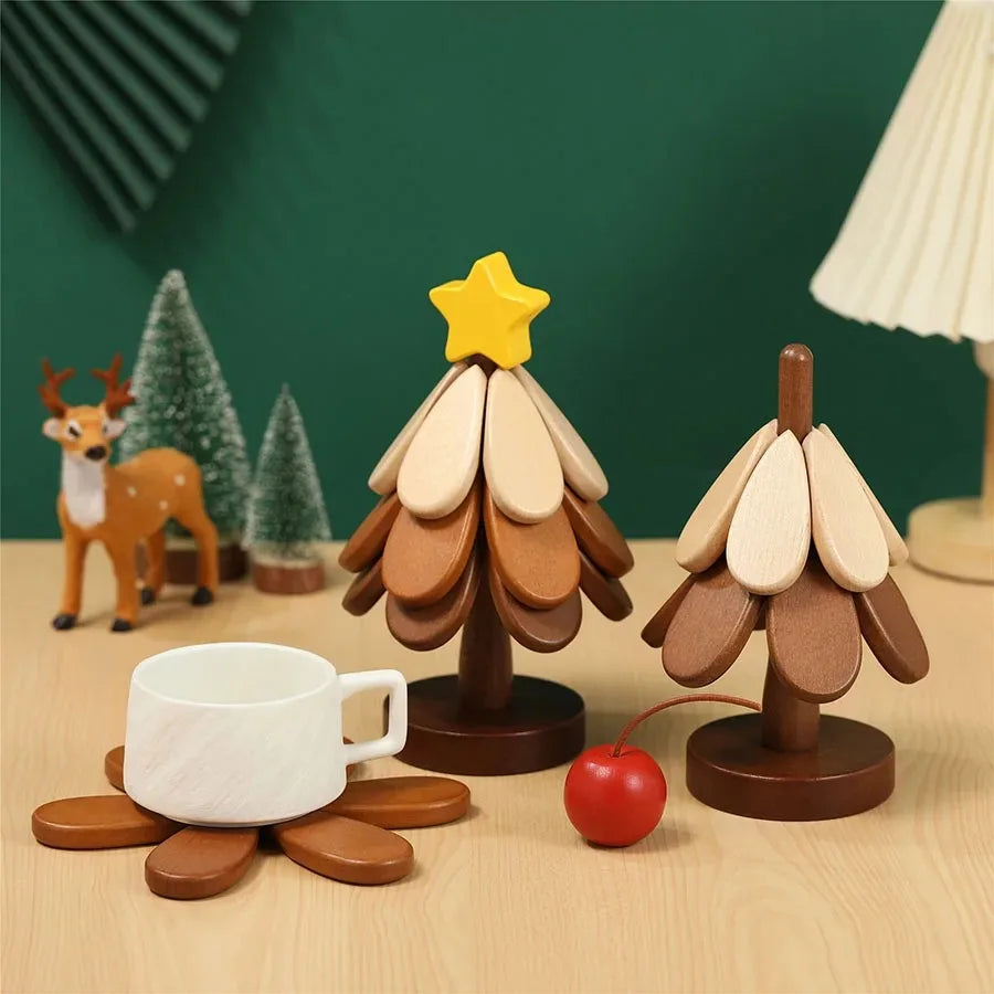 Christmas Tree Wooden Trivet & Heat Insulation Mat | Foldable Pot Pad – Star & Cherry Style