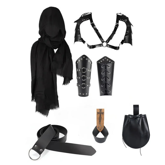 Men Vintage Medieval Knight Hooded Cloak Scarf Renaissance Belt Wrist Peaceful Pleasures Health and Wellness Style E 6PCS One Size