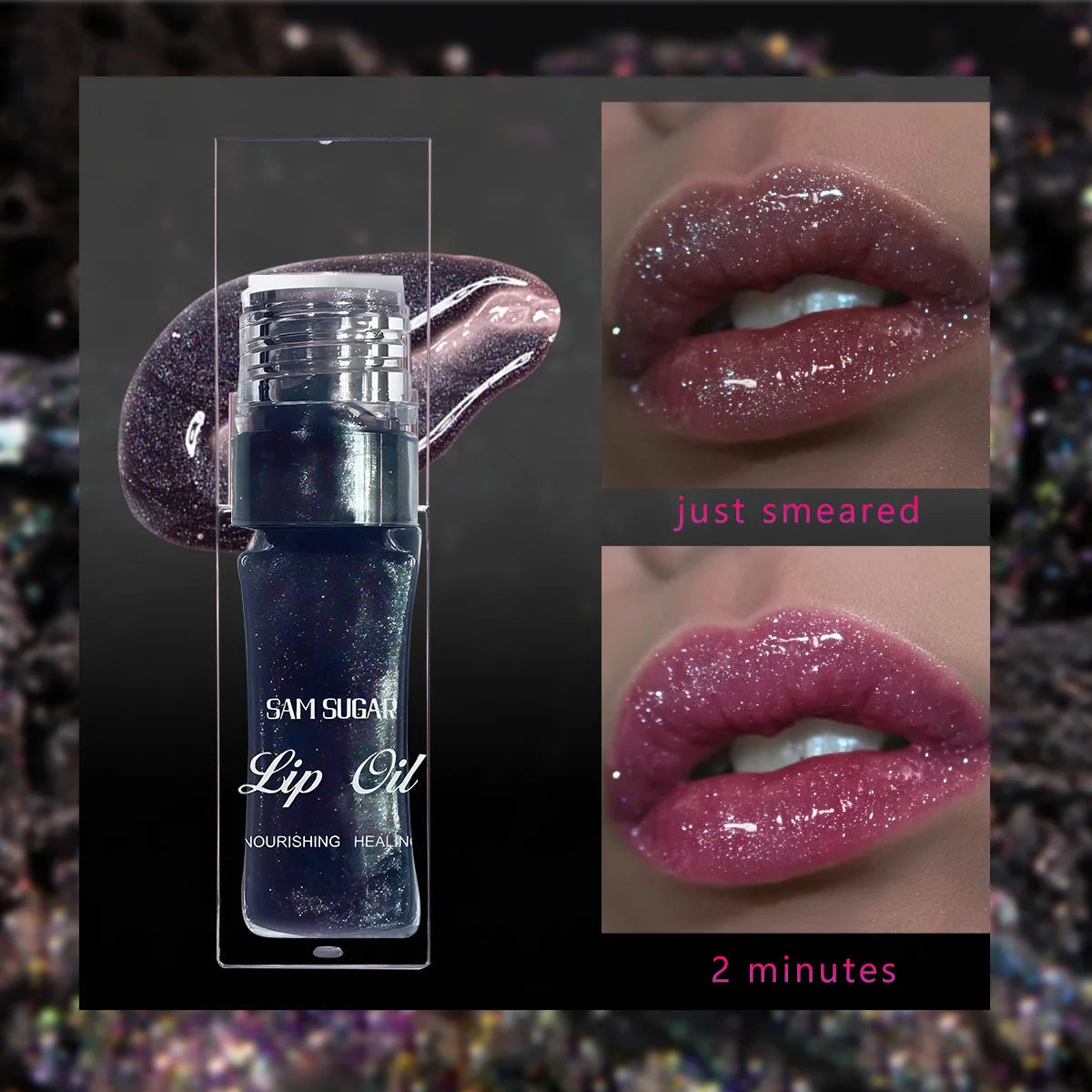 Color Changing Lip Oil Moisturizing Nourishing Soft Brush Head Smooth Translucent Non-Sticky 3D sparkles like a river of stars Peaceful Pleasures Health and Wellness