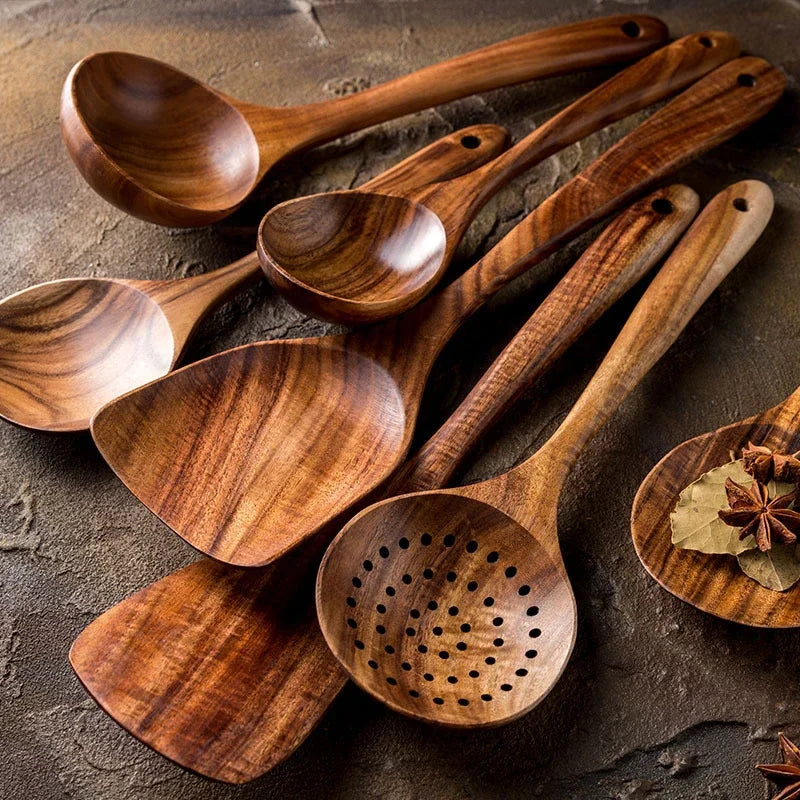 7pcs/set Teak Natural Wood Tableware Spoon Ladle Turner Rice Colander Soup Skimmer Cooking Spoon Scoop Kitchen Reusable Tool Kit Peaceful Pleasures Health and Wellness