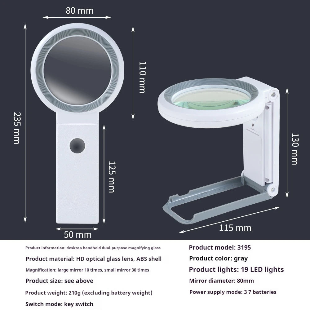 Desktop Handheld Magnifier Dual-Purpose Magnifying Glass 30X 10X 18Led Cold and Warm Light Peaceful Pleasures Health and Wellness gray
