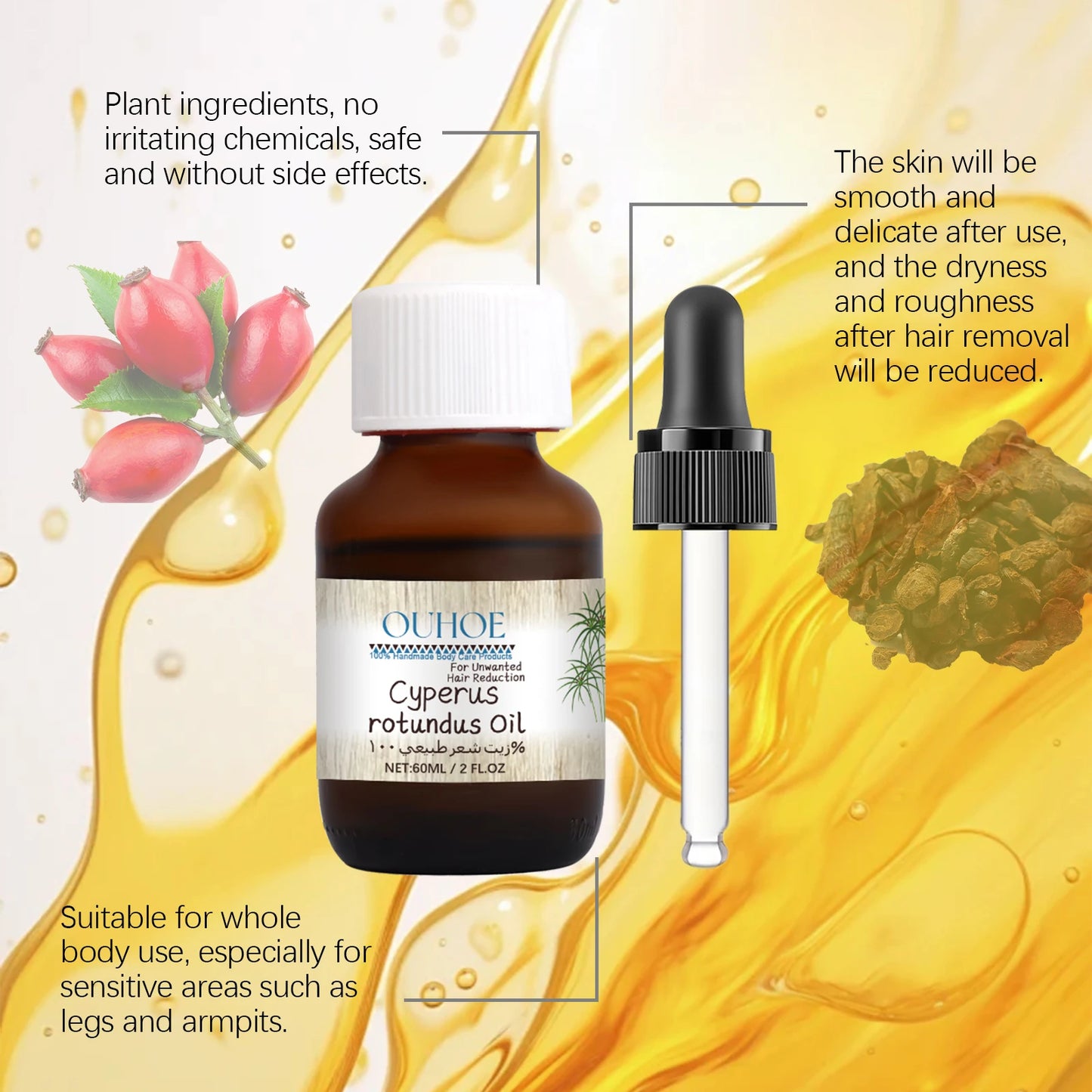 Cyperus Rotundus Hair Inhibitor Oil – Body & Face, 60ml Peaceful Pleasures Health and Wellness