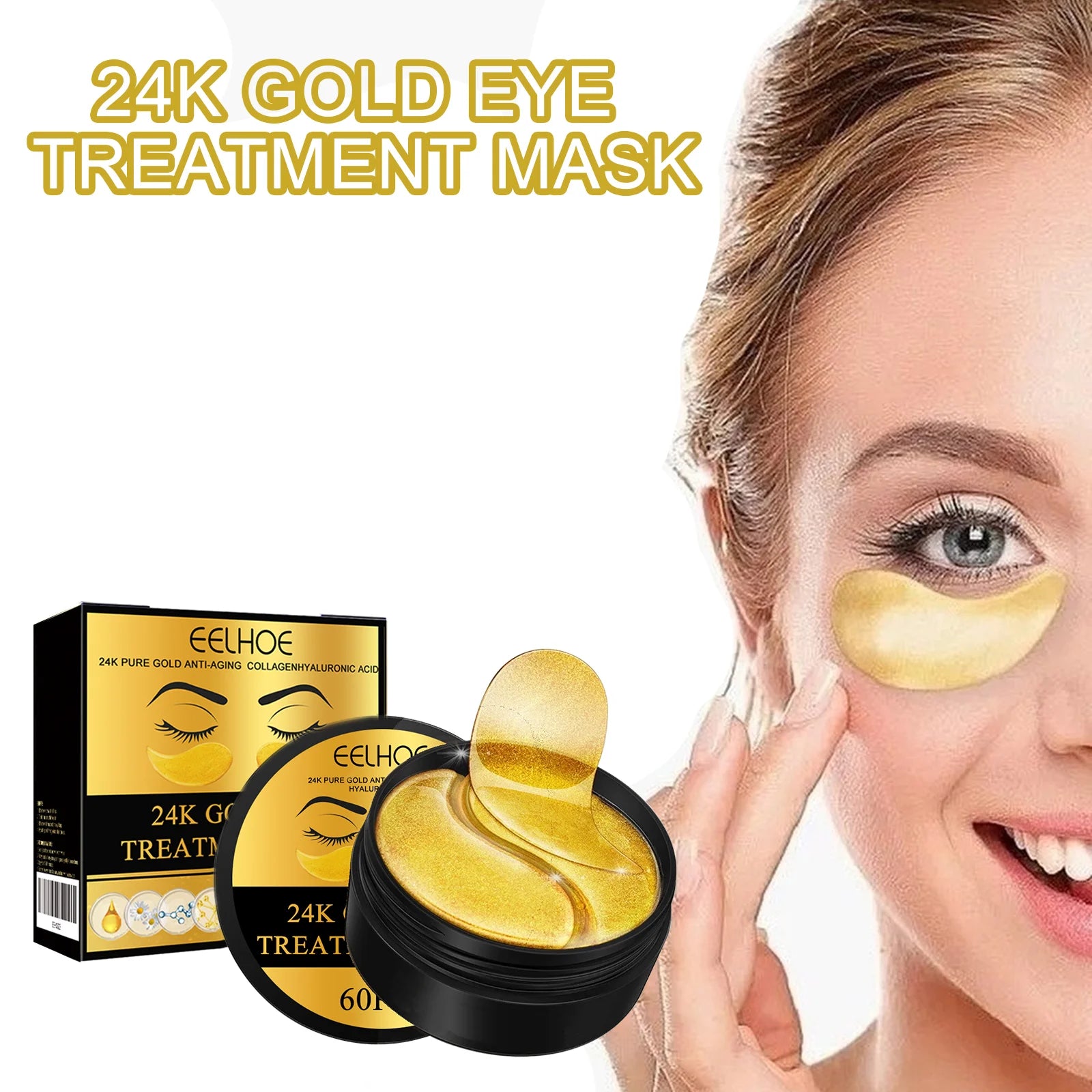 EELHOE 24k Gold Eye Mask Removing Pouch Reducing Wrinkle Dark Circles Fade Fine Lines Anti-Aging Moisturizing Collagen Eye Masks Peaceful Pleasures Health and Wellness