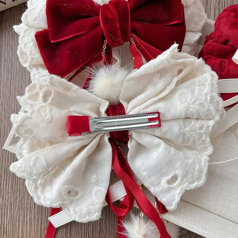 Girls Red Velvet Lace Bow Hair Clip | Korean Princess Hairpin