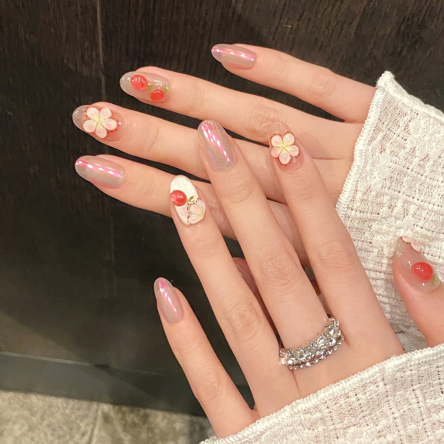 Handmade Press-On Nails 3D Strawberry Flower Aurora | 10 Pcs Press-On Nail Tips Peaceful Pleasures Health and Wellness
