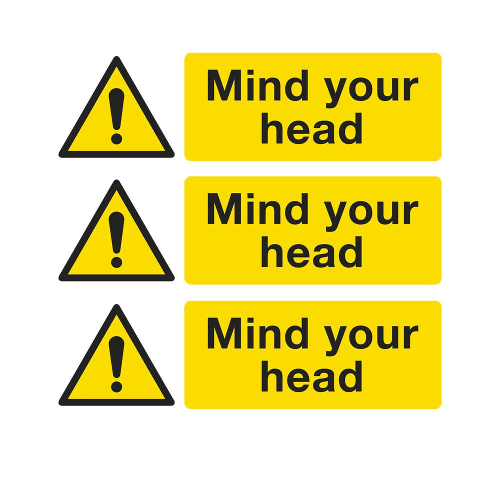 Pack of 3 150 x 50mm Warning Safety Sign Mind Your Head Self Adhesive Vinyl Peaceful Pleasures Health and Wellness