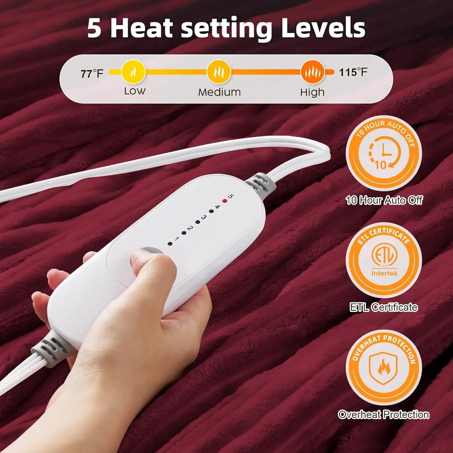 Queen Size Electric Heated Blanket with 5 Heat Settings, Auto Shut-Off & Machine Washable – Red Electric Blankets Peaceful Pleasures Health and Wellness